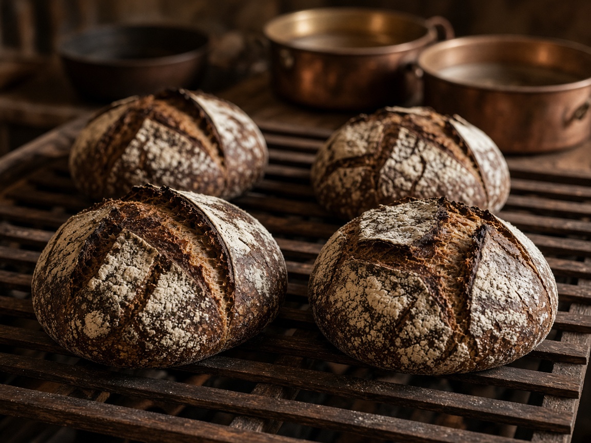 Rustic sourdough loaves cooling on a wooden rack