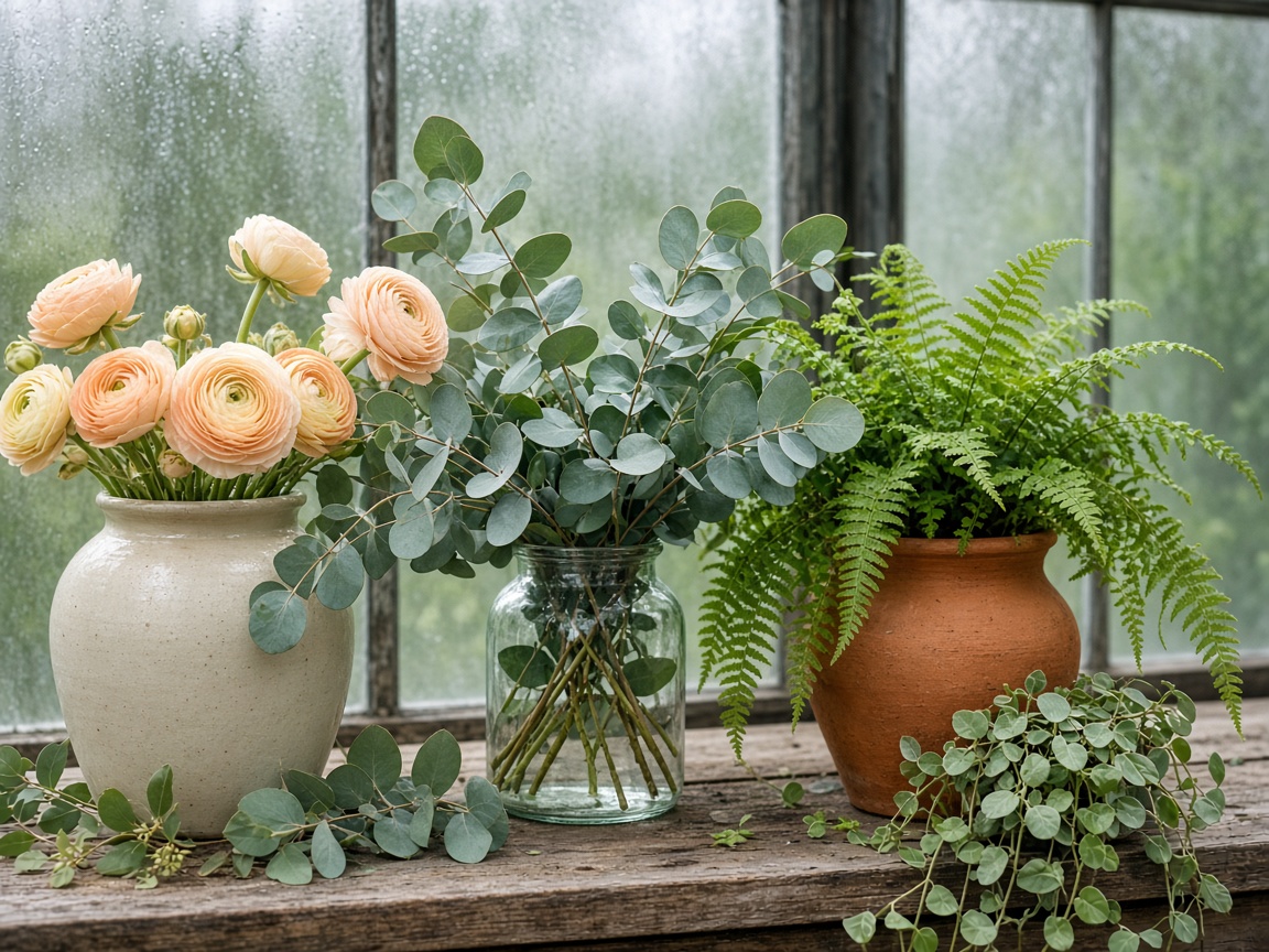 Cut flowers and trailing plants in jars on a greenhouse bench