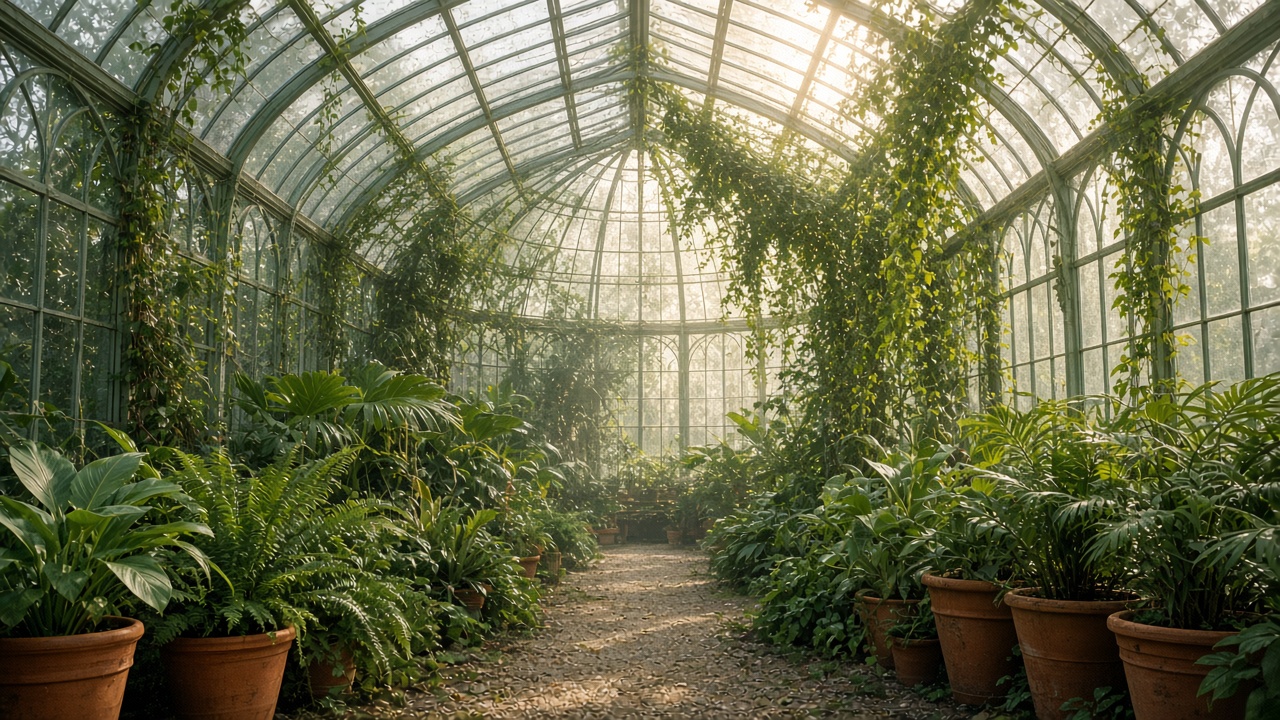 Victorian greenhouse filled with tropical plants and ferns