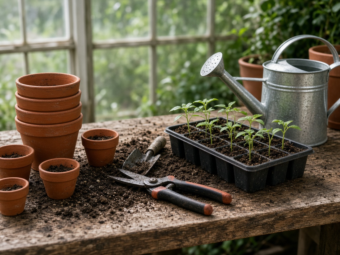Potting table with terracotta pots and seedlings