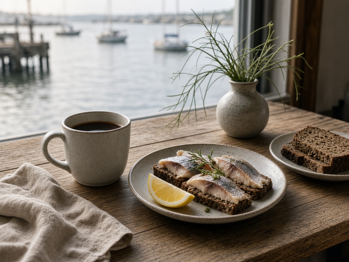 Harbor breakfast with coffee, rye, and smoked fish