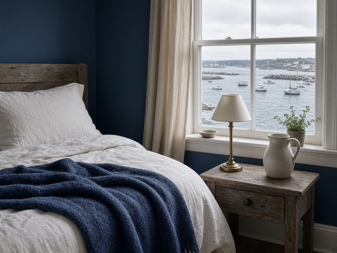Linen guest room with a harbor window
