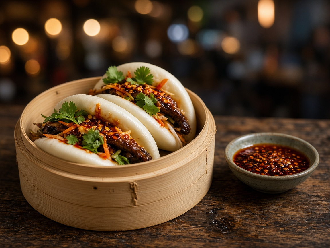 Steamed bao buns in a bamboo steamer