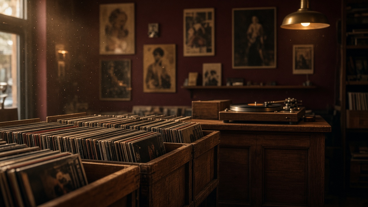 Independent record shop with wooden vinyl crates